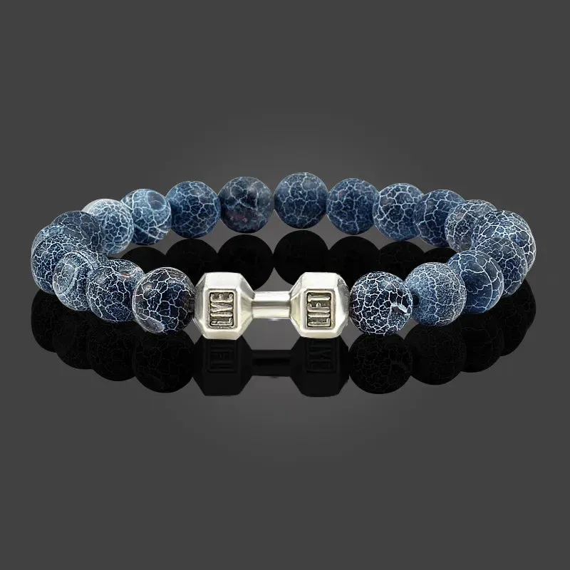 Natural Volcanic Stone Bracelet for Men: Matte Black Lava White Beads Charm Dumbbell Strand Bracelets for Women, Barbell Fitness Jewelry